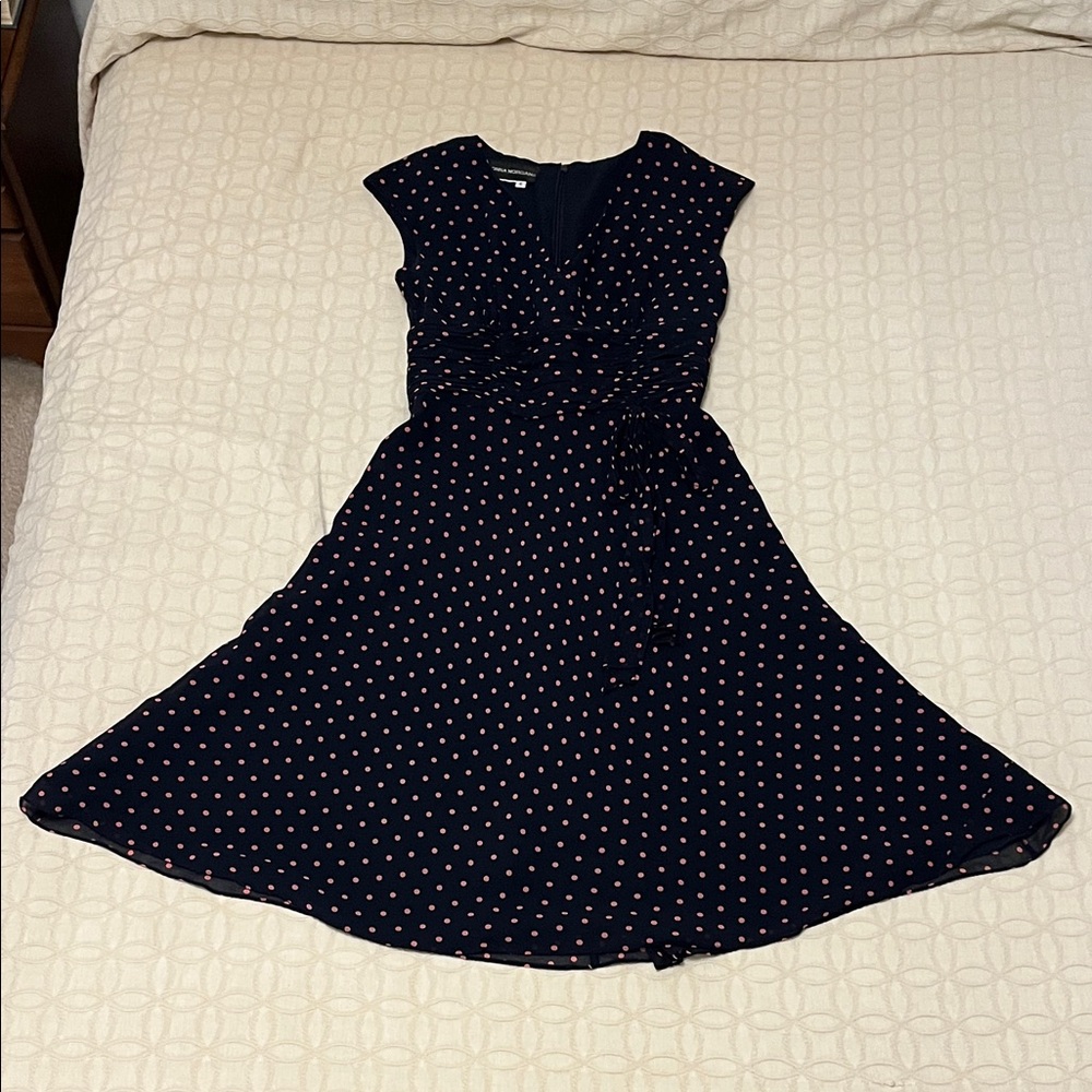Donna Morgan Navy and Pink Polka Dot Midi Dress